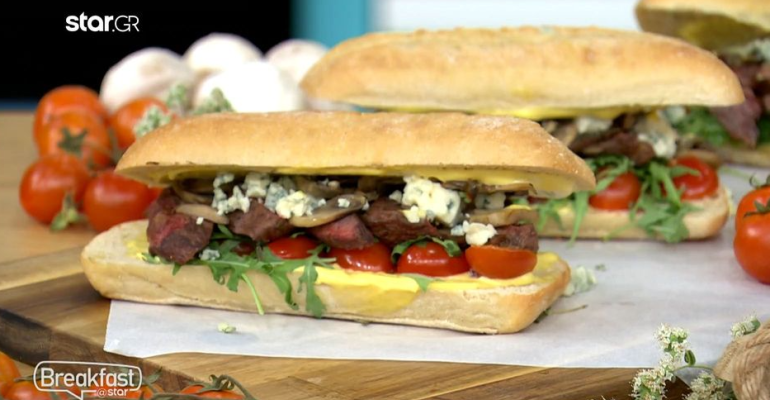 Sandwich με ψωμί τσιαπάτα και μοσχαρίσια μπριζόλα 